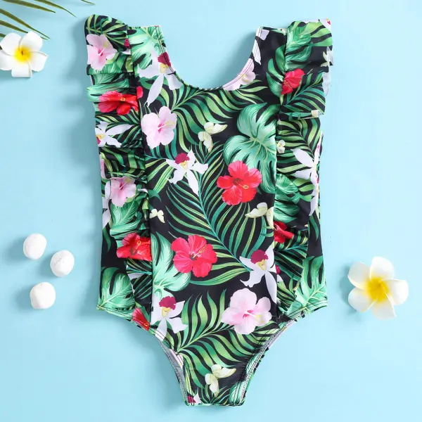 【12M-5Y】Girls Casual Floral Print Ruffle One Piece Swimsuit - Popopieshop.com 