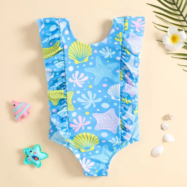 【12M-5Y】Girls Casual Starfish And Seashells Print Ruffle One Piece Swimsuit - Popopieshop.com 
