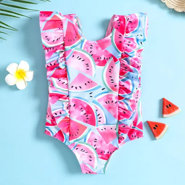 【12M-5Y】Girls Casual Watermelon Print Ruffle One Piece Swimsuit - Podoasis.com 