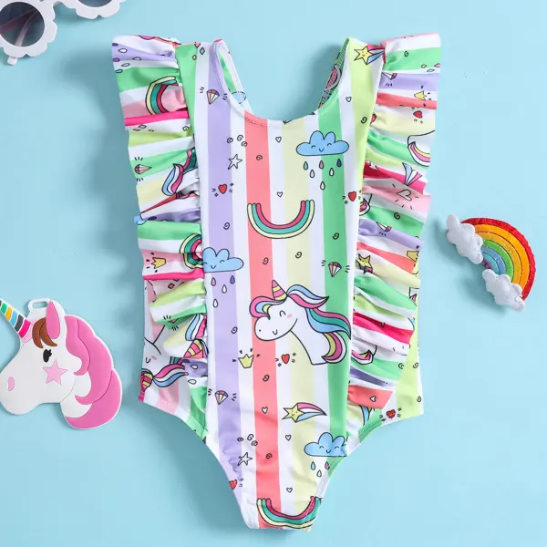 【12M-5Y】Girls Casual Rainbow And Unicorn Print Ruffle One Piece Swimsuit - Popopieshop.com 