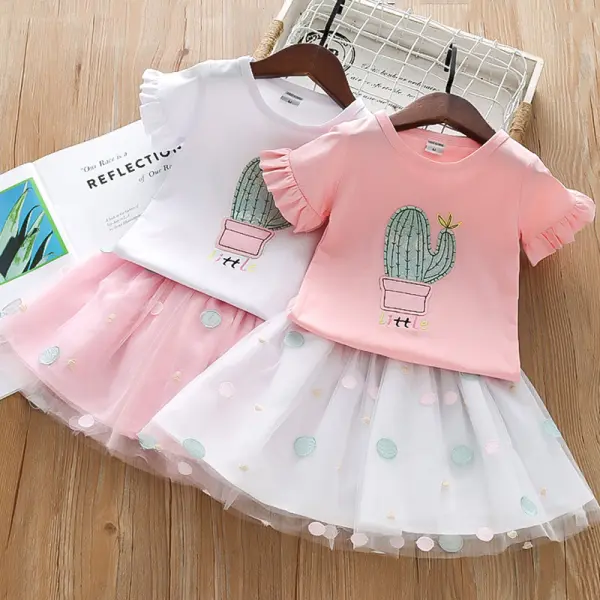 【18M-7Y】2-piece Girls Cute Cactus Embroidered T-shirt And Polka Dot Mesh Skirt Set - Popopieshop.com 