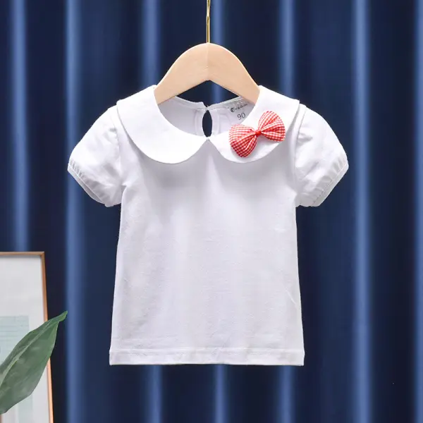 【12M-7Y】Girl Sweet Cotton Bowknot Doll Collar Tee Only $11.99 - Popopieshop.com 