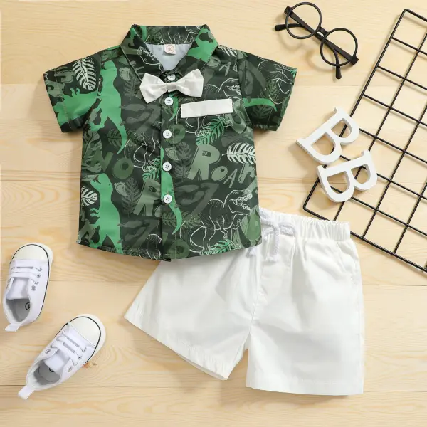 【12M-5Y】2-piece Boys Fashion Cartoon Dinosaur Print Shirt And Shorts Set - Popopieshop.com 