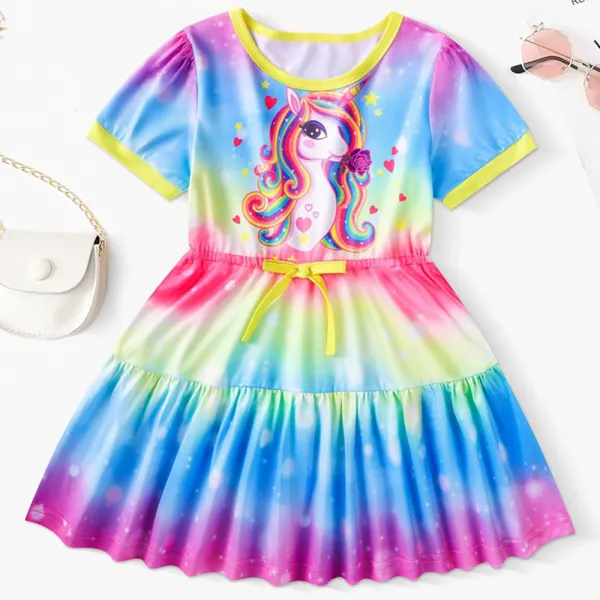 【2Y-9Y】Girls Colorful Unicorn Print Short Sleeve Dress - 33211 - Popopieshop.com 