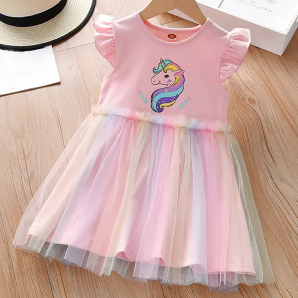 【18M-9Y】Girls Unicorn Print Short Sleeve Mesh Dress - 33274 - Popopieshop.com 