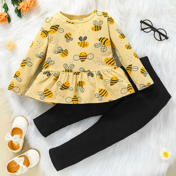 【18M-6Y】2-piece Girls Bee Print Yellow T-shirt And Black Leggings Set - 34413 - Popopieshop.com 