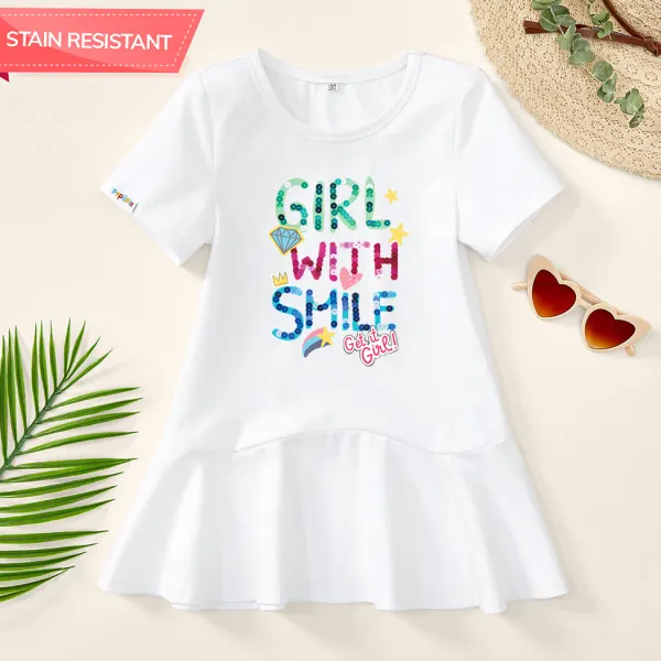 【18M-9Y】Girl Stain Resistant Cotton Letter Print Short-sleeve Dress Only $19.99 - Popopieshop.com 