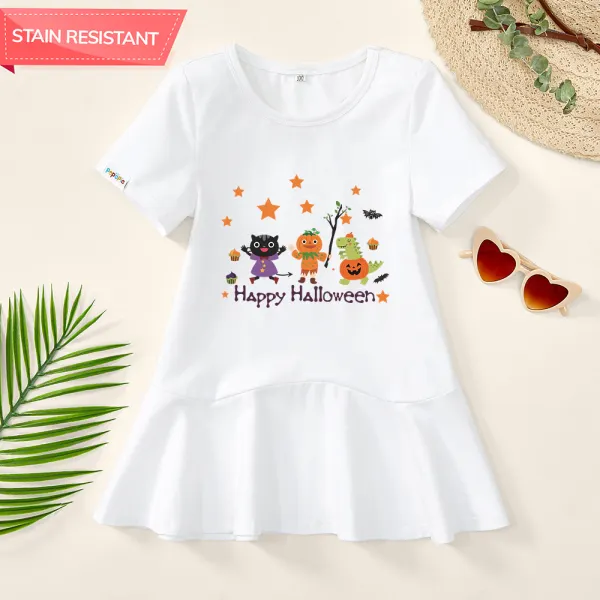 【18M-9Y】Girl Stain Resistant Cotton Halloween Print Short-sleeve Dress - Popopieshop.com 