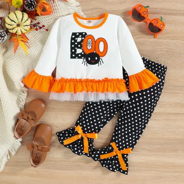 【9M-4Y】Girl Halloween Print Ruffle Colorblock Tee And Polka Dot Flare Pants Set - Thefolls.com 