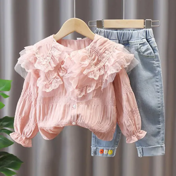 【2Y-9Y】Girl Sweet Peter Pan Collar Shirt And Denim Pants Set - 34284 - Popopieshop.com 