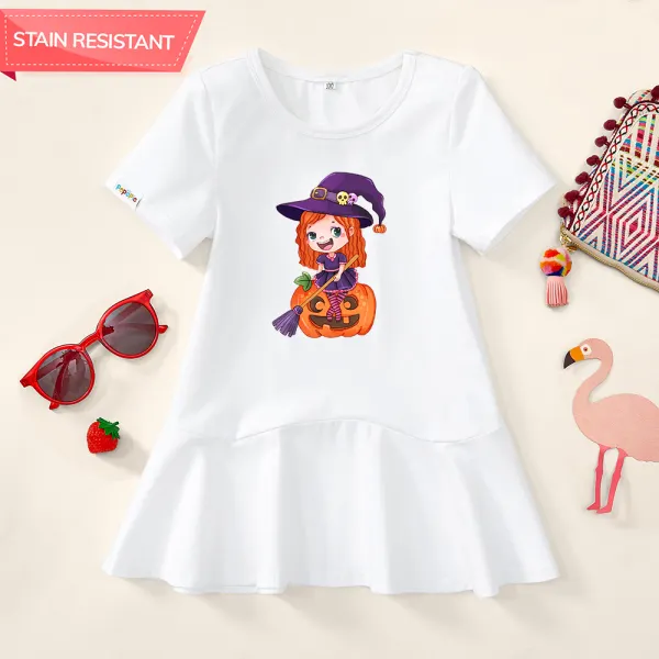 【18M-9Y】Girl Stain Resistant Cotton Halloween Print Short-sleeve Dress Only $19.99 - Popopieshop.com 