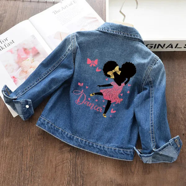 【18M-11Y】Girls Fashion Lettering And Cartoon Girl Print Blue Denim Jacket - Popopieshop.com 