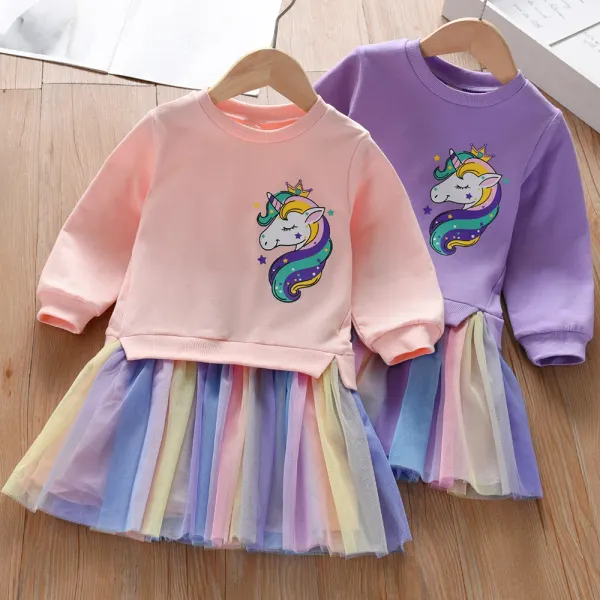【3Y-11Y】Girls Unicorn Print Rainbow Mesh Long Sleeve Dress - 33250 - Popopieshop.com 