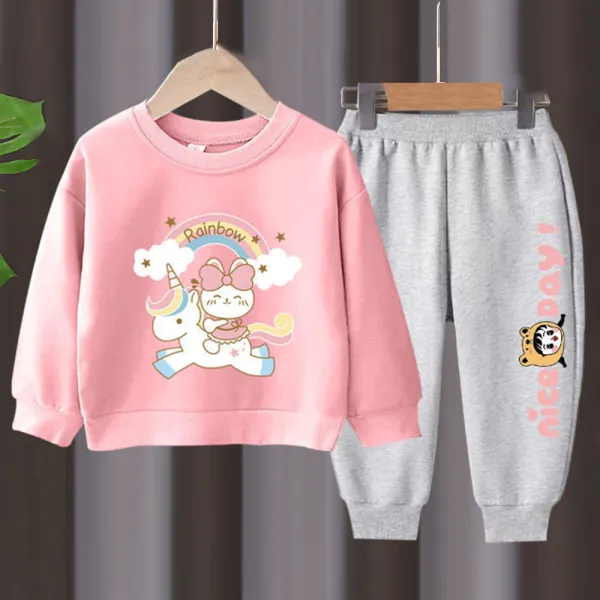 【18M-11Y】2-piece Girls Unicorn Print Round Neck Long Sleeve Sweatshirt And Pants Set - Popopieshop.com 