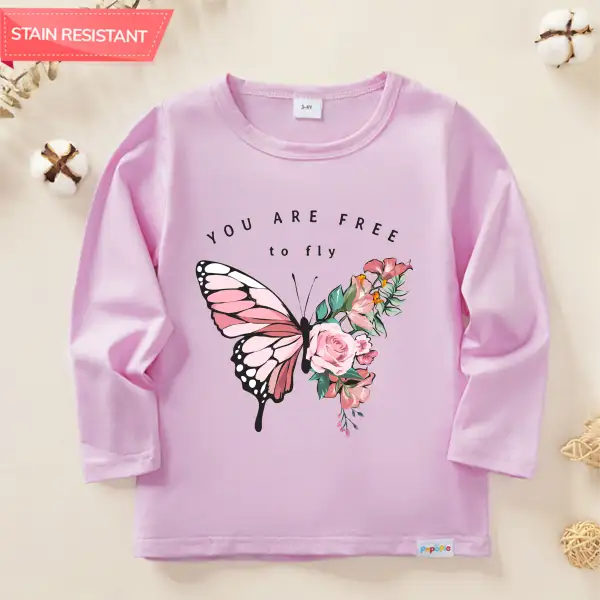 【12M-9Y】Girl Cotton Stain Resistant Butterfly Letter Print Lone Sleeve T-shirt - Popopieshop.com 