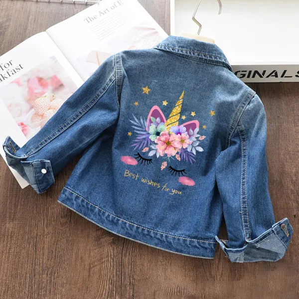 【18M-11Y】Girls Fashion Unicorn Print Blue Denim Jacket - Popopieshop.com 