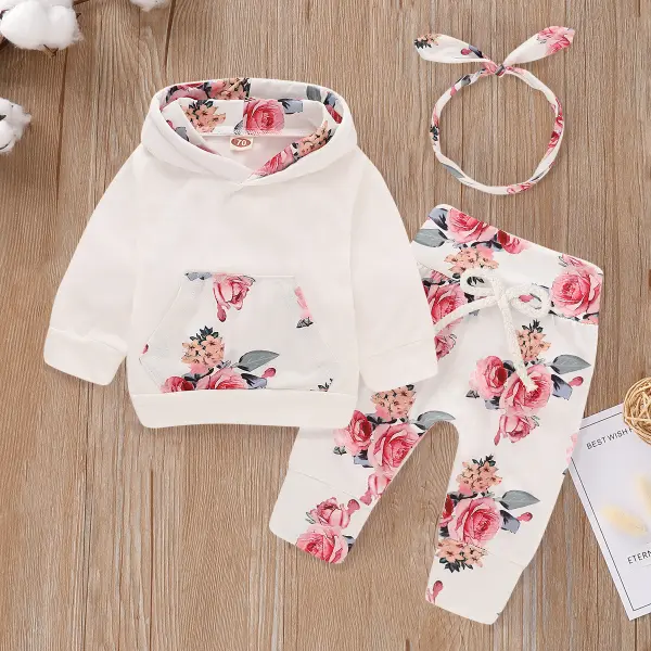 【9M-7Y】Girl 3-piece Floral Hooded Sweatshirt And Pants Set With Headband - 34166 - Popopieshop.com 