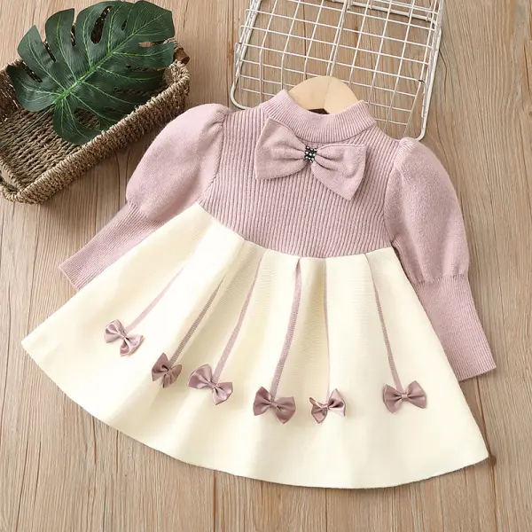 【18M-7Y】Girls Sweet Bow Puff Sleeve Sweater Dress - Popopieshop.com 