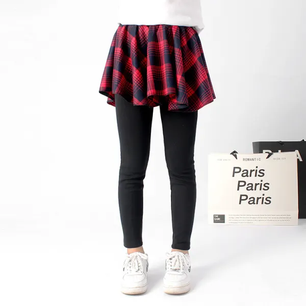 【4Y-13Y】Girls Fashion Fake Two Piece Plaid Skirt Leggings - Popopieshop.com 
