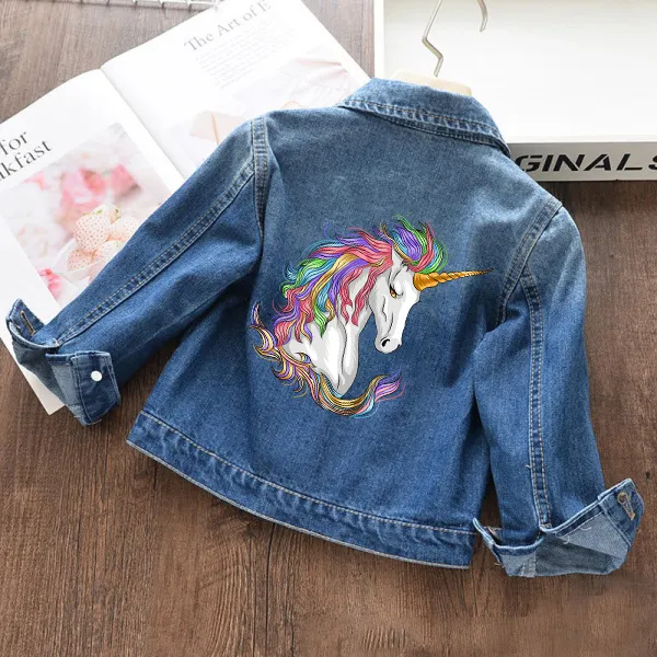 【18M-11Y】Girls Fashion Unicorn Print Blue Denim Jacket - Popreal.com 