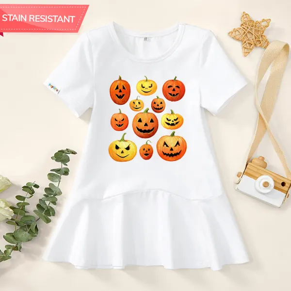 【18M-9Y】Girl Stain Resistant Cotton Halloween Pumpkin Print Short-sleeve Dress - Popopieshop.com 