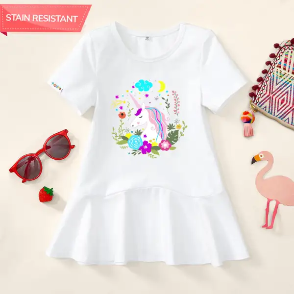 【18M-9Y】Girl Stain Resistant Cotton Unicorn Print Short-sleeve Dress - Popopieshop.com 