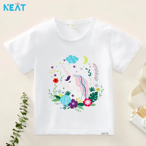 【12M-9Y】Girl Cotton Stain Resistant Unicorn Print Short Sleeve Tee - Popopieshop.com 