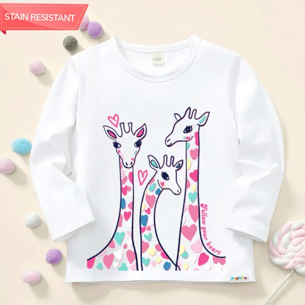 【12M-9Y】Girls Pink Giraffe And Letters Print Cotton Stain Resistant Long Sleeve T-shirt - Popopieshop.com 
