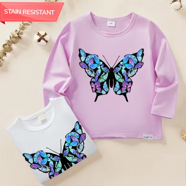 【12M-9Y】Girl Purple Butterfly Print Cotton Stain Resistant Long Sleeve T-shirt - Popopieshop.com 