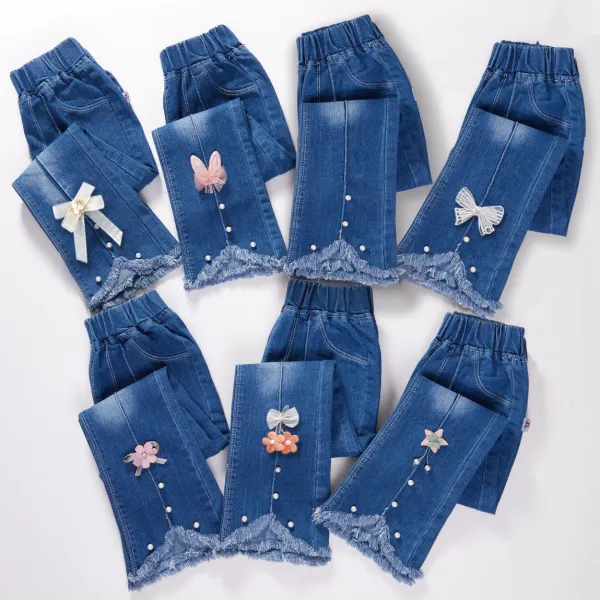 【2Y-13Y】Girl Fashion Flowers And Beads Blue Jeans - Popopieshop.com 