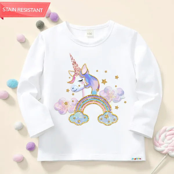 【12M-9Y】Girl Cotton Stain Resistant Unicorn Print Long Sleeve Tee - Popopieshop.com 