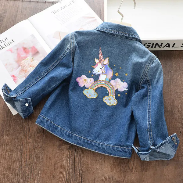 【18M-11Y】Girls Fashion Unicorn And Rainbow Print Blue Denim Jacket - 3142 - Popopieshop.com 