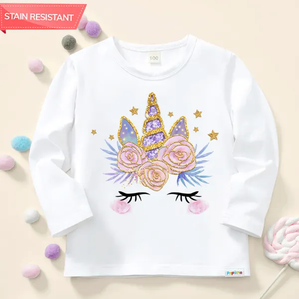 【12M-9Y】Girl Cotton Stain Resistant Unicorn Print Long Sleeve Tee - Popopieshop.com 