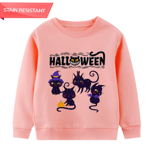【12M-9Y】Kids Halloween Letter And Cat Print Cotton Stain Resistant Long Sleeve Sweatshirt - Popopieshop.com 