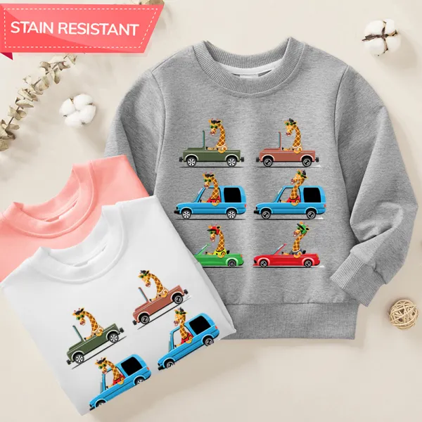 【12M-9Y】Kids Car And Giraffe Print Cotton Stain Resistant Long Sleeve Sweatshirt - Popopieshop.com 