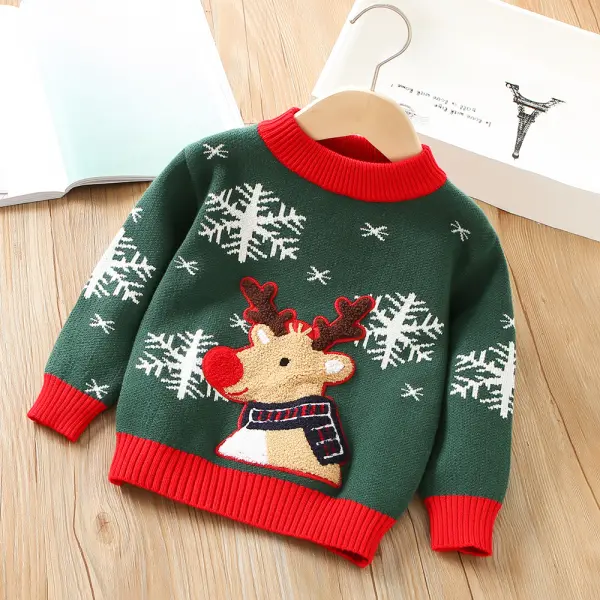 【18M-7Y】 Kids Fashion Christmas Elk And Snowflake Jacquard Round Neck Sweater - Thefolls.com 