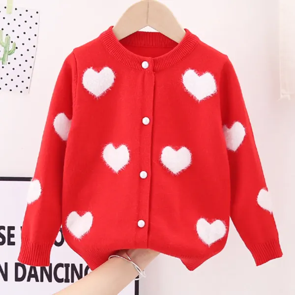 【2Y-9Y】Girls Heart Pattern Sweater Cardigan - Thefolls.com 