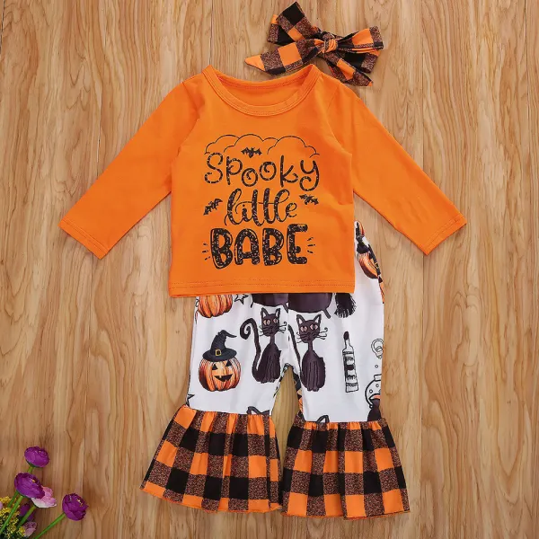 【9M-4Y】Girl Cute Halloween Letters Print Long Sleeve T-Shirt And Cartoon Print Flared Pants Set - Popopieshop.com 