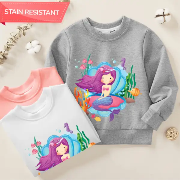 【12M-9Y】Girl Cotton Stain Resistant Mermaid Print Long Sleeve Sweatshirt - Popopieshop.com 