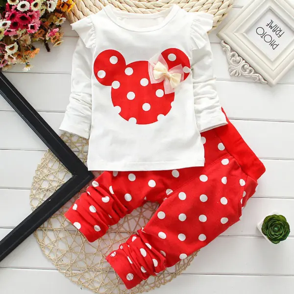 【9M-7Y】2-piece Girls Polka Dot Print Long-sleeved T-shirt And Pants Set - 34276 - Popopieshop.com 