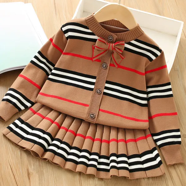【18M-7Y】Girls Striped Sweater Cardigan And Pleated Skirt Set - Popopieshop.com 