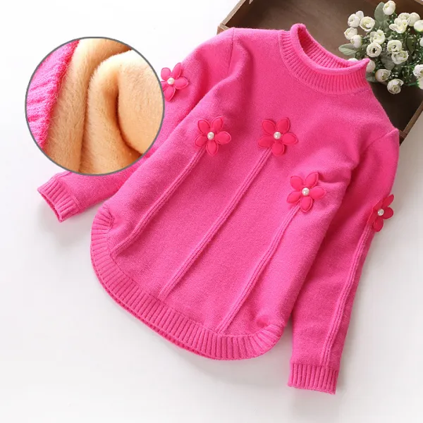 【2Y-7Y】Girls Flower-decorated Long-sleeved Knitted Sweater (Fleece Padded) - Popopieshop.com 