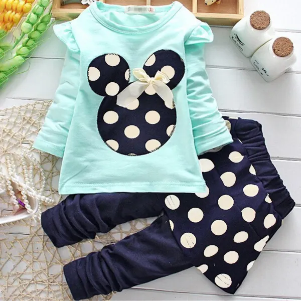 【18M-5Y】2-piece Girls Polka Dot Pattern Round Neck Long-sleeved T-shirt And Hakama Set - Popopieshop.com 