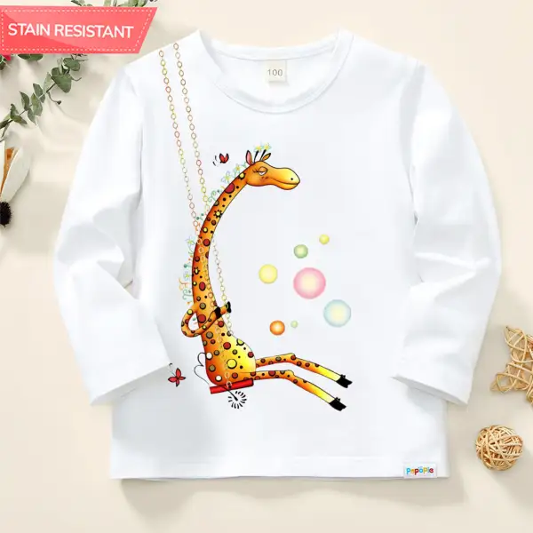 【12M-9Y】Girl Cotton Stain Resistant Cartoon Giraffe Print Long Sleeve Tee - Popopieshop.com 