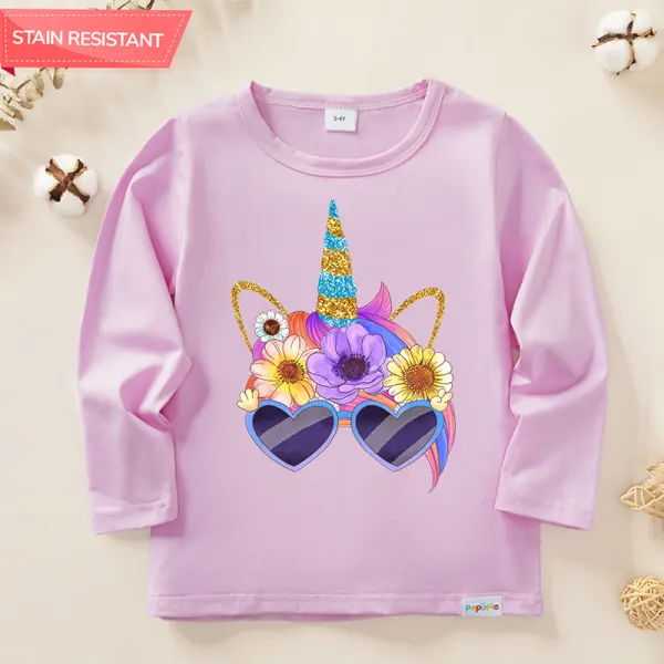 【12M-9Y】Girl Cotton Stain Resistant Unicorn Print Long Sleeve Tee - Popopieshop.com 