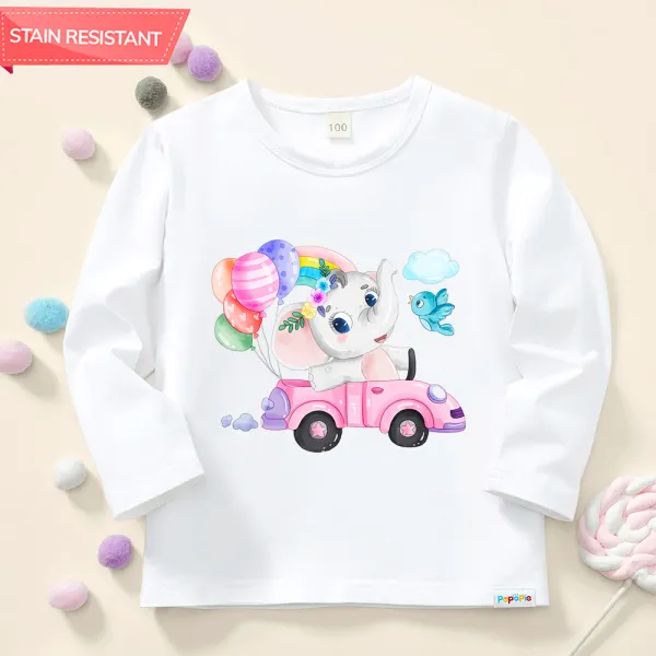 【12M-9Y】Girls Cute Elephant And Pink Car Print Cotton Stain Resistant Long Sleeve T-shirt Only $15.99 - Popopieshop.com 