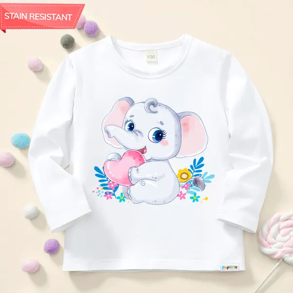 【12M-9Y】Girls Cute Elephant Print Cotton Stain Resistant Long Sleeve T-shirt Only $15.99 - Popopieshop.com 