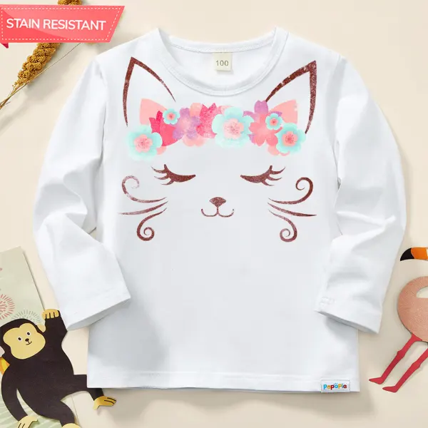 【12M-9Y】Girl Cotton Stain Resistant Cartoon Cat Print Long Sleeve Tee - Popopieshop.com 