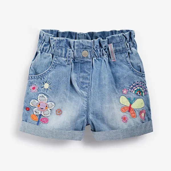 【18M-9Y】Girl Sweet Flower Butterfly Embroidered Denim Shorts - Popopieshop.com 