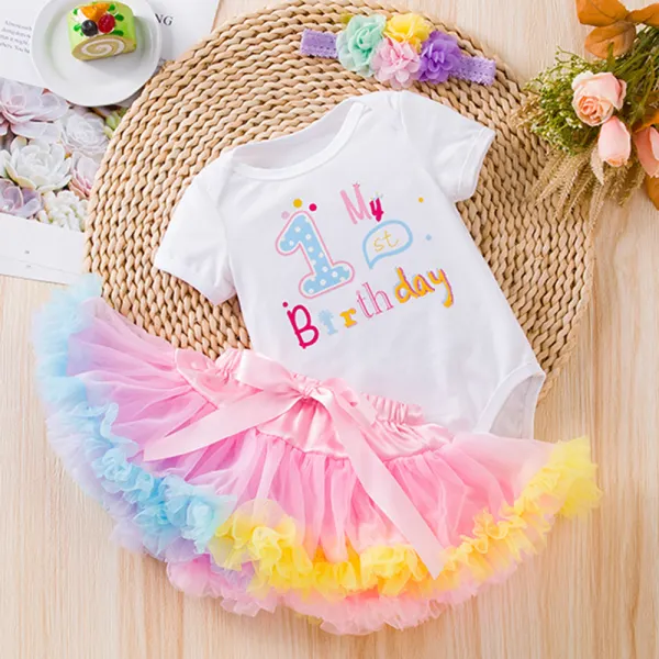 【3M-24M】3-piece Baby Girl Birthday Print Short-sleeved Romper And Mesh Skirt Set With Hairband - Popopieshop.com 